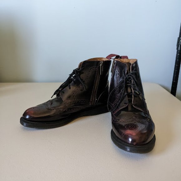 Dr. Martens Shoes - Dr Martens Delphine Arcadia Boots Cherry Red Black Leather Ankle High Booties
